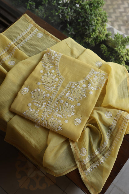 Yellow Shade Mal Cotton Fine Chikankari Unstitched Fabric