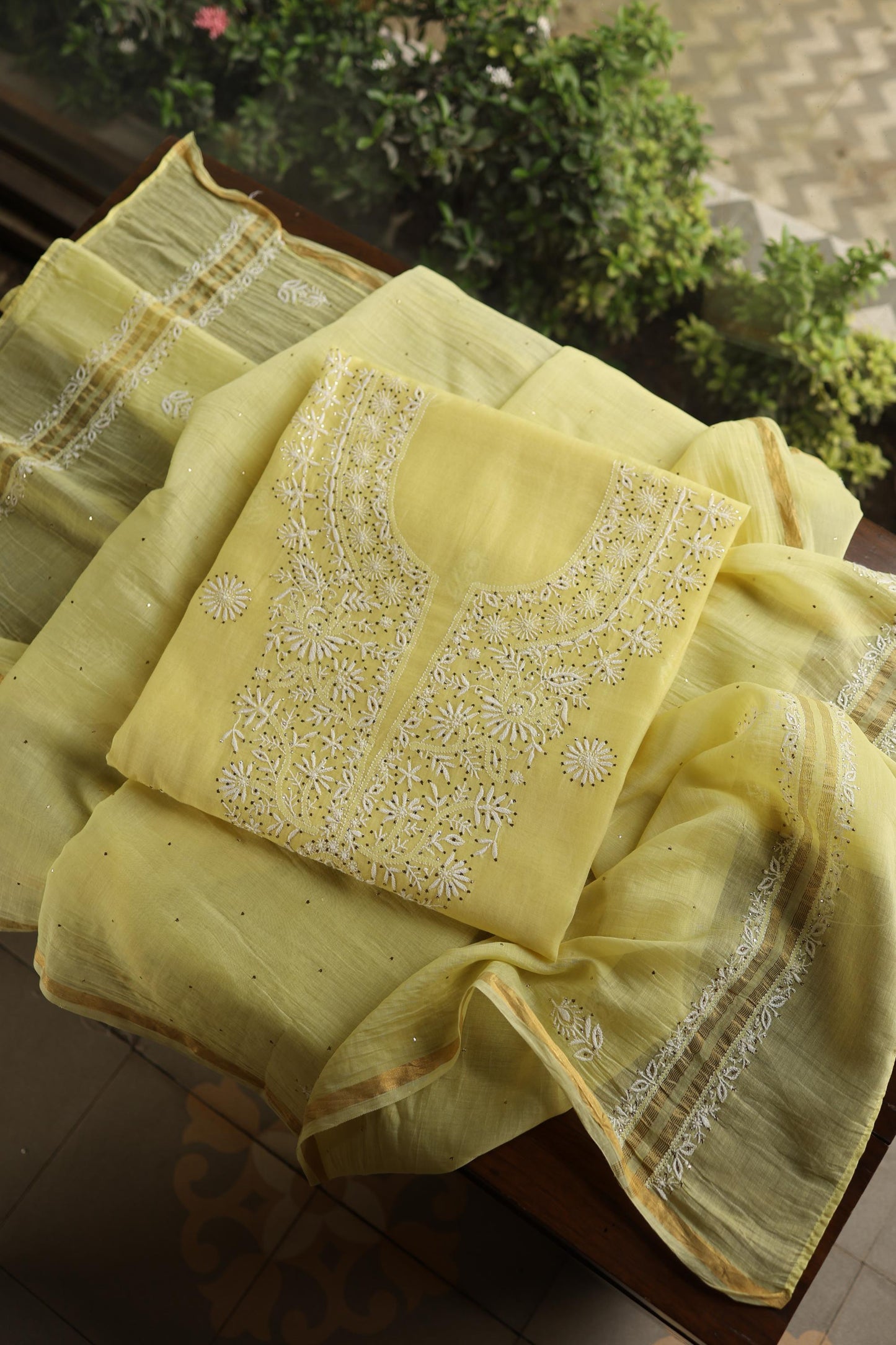 Yellow Shade Mal Cotton Fine Chikankari Unstitched Fabric