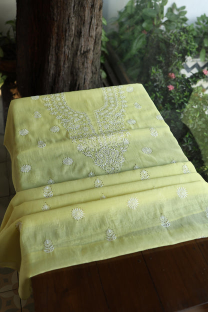 Yellow Shade Mal Cotton Fine Chikankari Unstitched Fabric