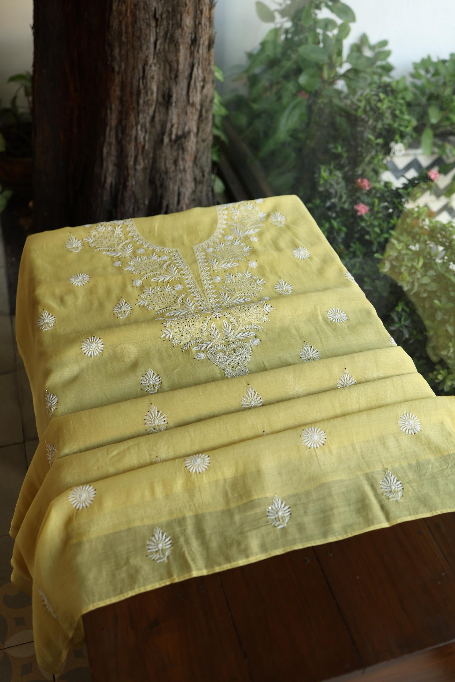 Yellow Shade Mal Cotton Fine Chikankari Unstitched Fabric