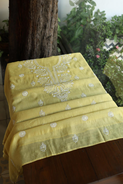 Yellow Shade Mal Cotton Fine Chikankari Unstitched Fabric
