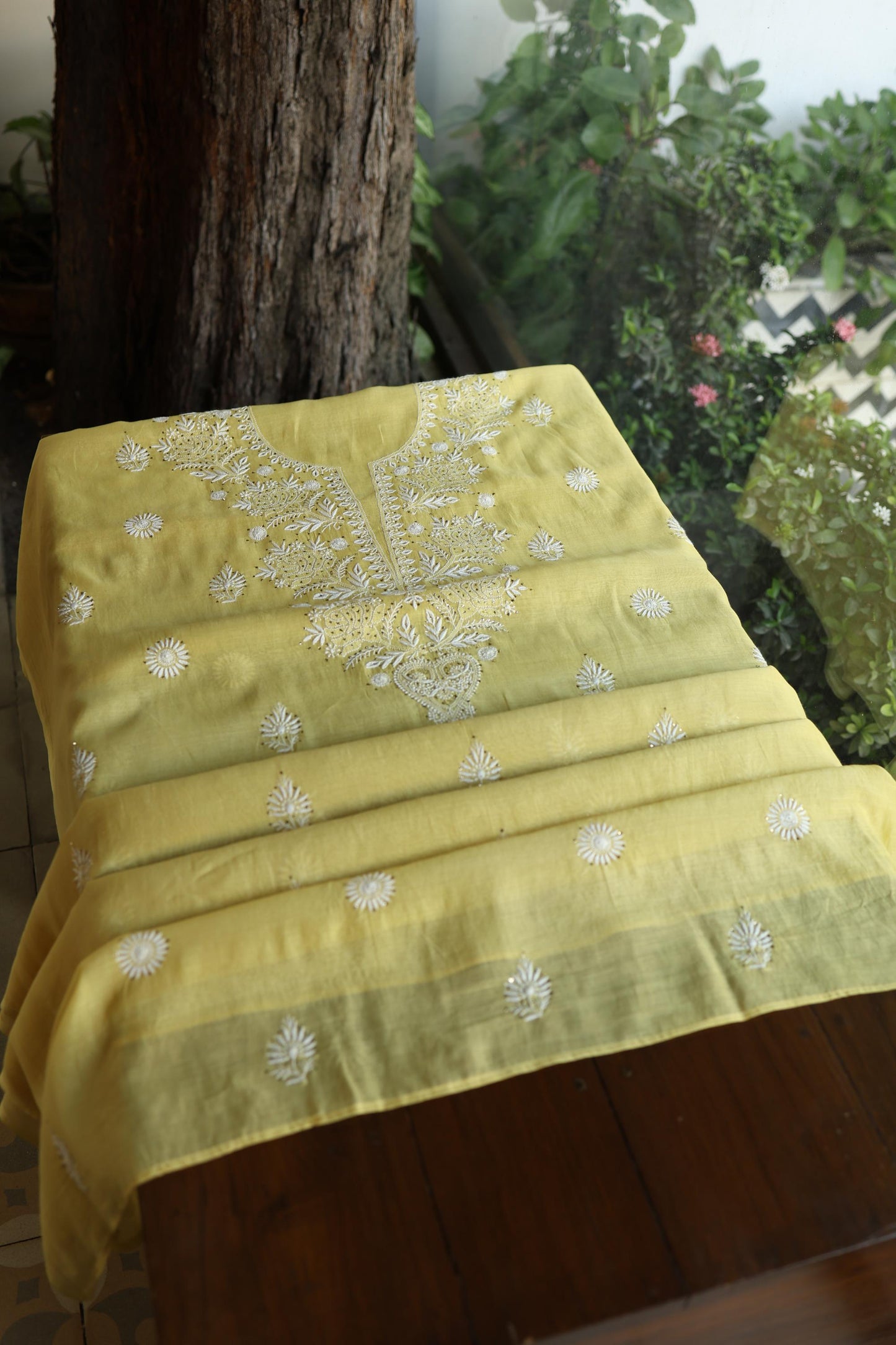 Yellow Shade Mal Cotton Fine Chikankari Unstitched Fabric