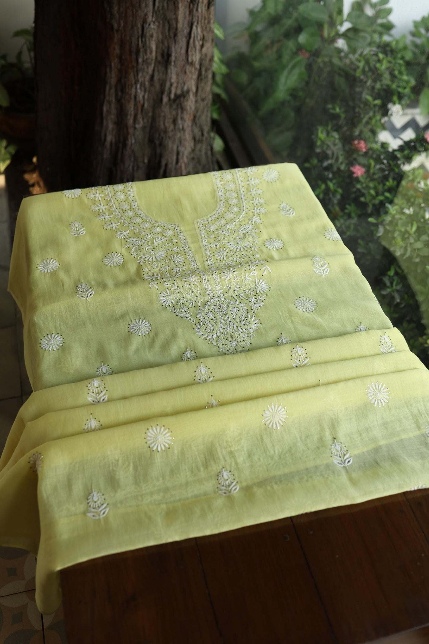 Yellow Shade Mal Cotton Fine Chikankari Unstitched Fabric