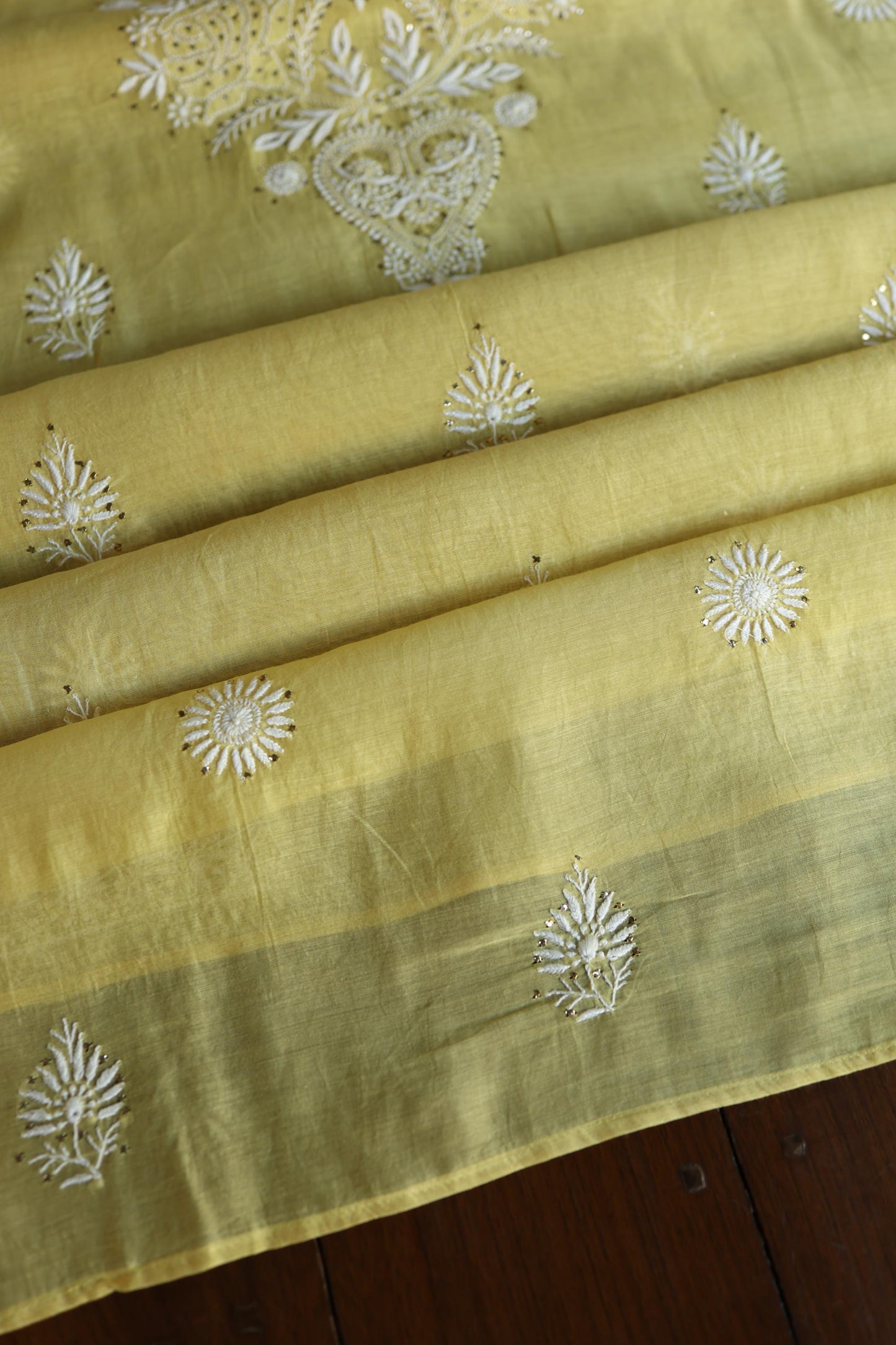 Yellow Shade Mal Cotton Fine Chikankari Unstitched Fabric