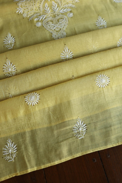 Yellow Shade Mal Cotton Fine Chikankari Unstitched Fabric