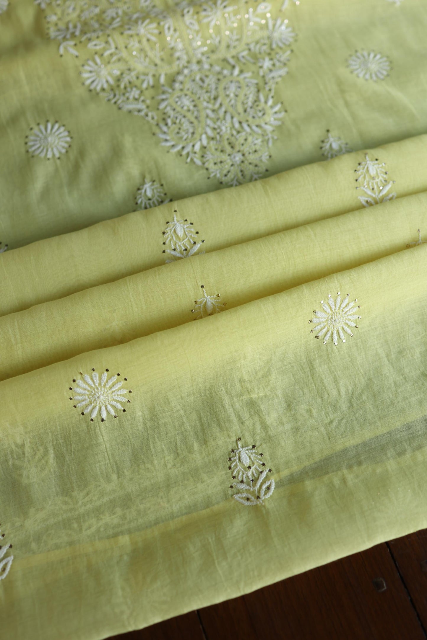 Yellow Shade Mal Cotton Fine Chikankari Unstitched Fabric