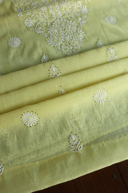 Yellow Shade Mal Cotton Fine Chikankari Unstitched Fabric