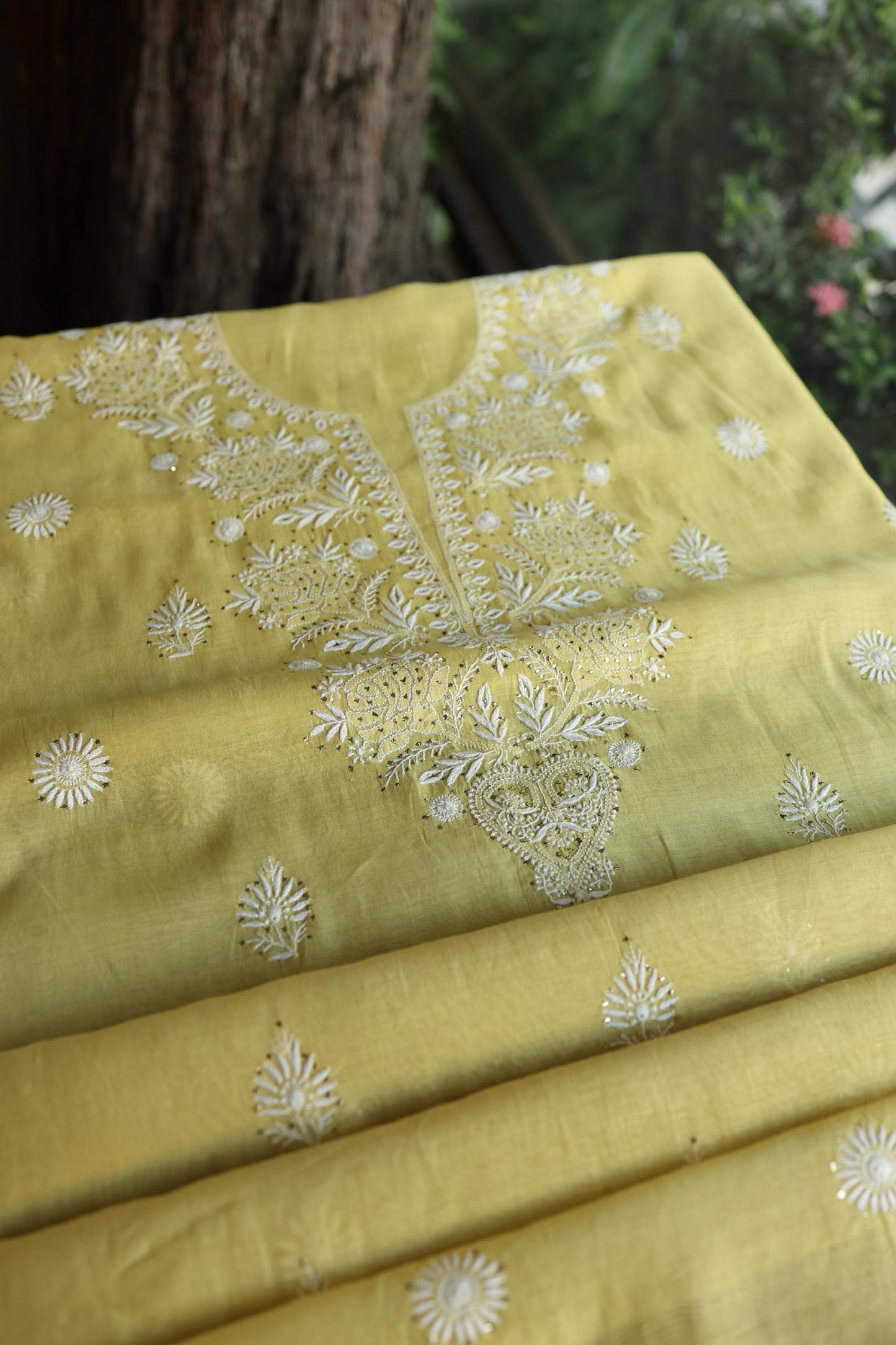 Yellow Shade Mal Cotton Fine Chikankari Unstitched Fabric
