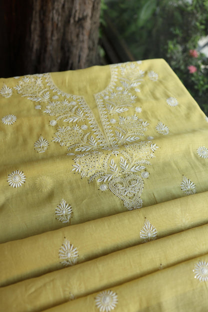 Yellow Shade Mal Cotton Fine Chikankari Unstitched Fabric
