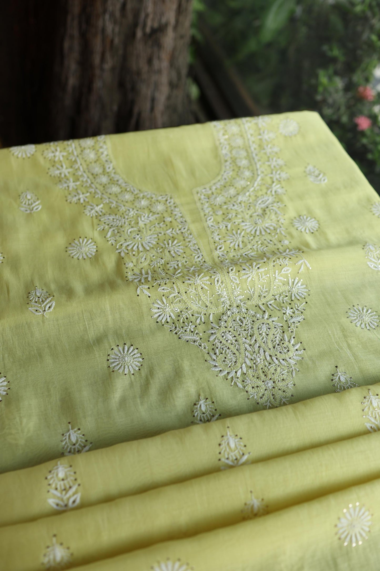 Yellow Shade Mal Cotton Fine Chikankari Unstitched Fabric