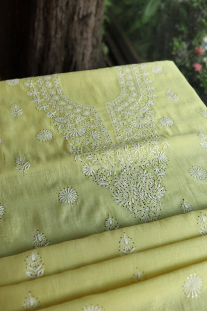 Yellow Shade Mal Cotton Fine Chikankari Unstitched Fabric