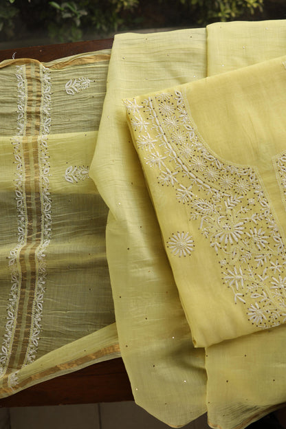 Yellow Shade Mal Cotton Fine Chikankari Unstitched Fabric