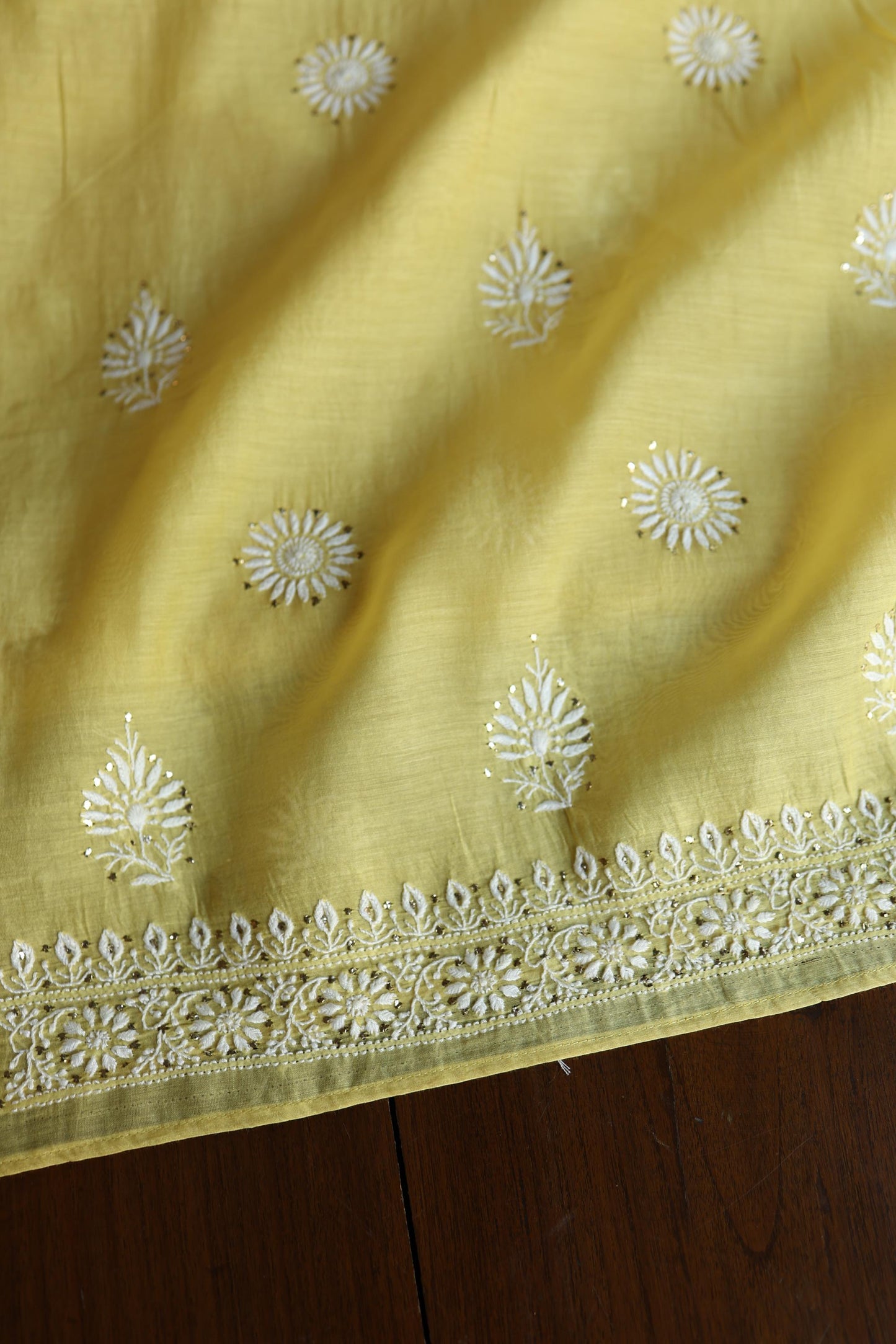 Yellow Shade Mal Cotton Fine Chikankari Unstitched Fabric