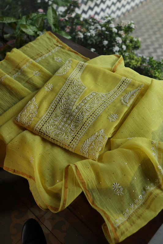 Yellow Shade Mal Cotton Fine Chikankari With Kamdani Work Unstitched Fabric