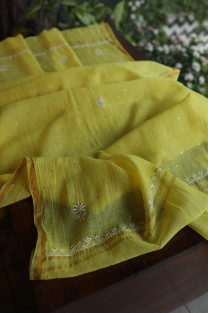Yellow Shade Mal Cotton Fine Chikankari With Kamdani Work Unstitched Fabric