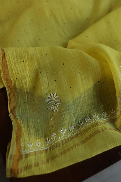 Yellow Shade Mal Cotton Fine Chikankari With Kamdani Work Unstitched Fabric
