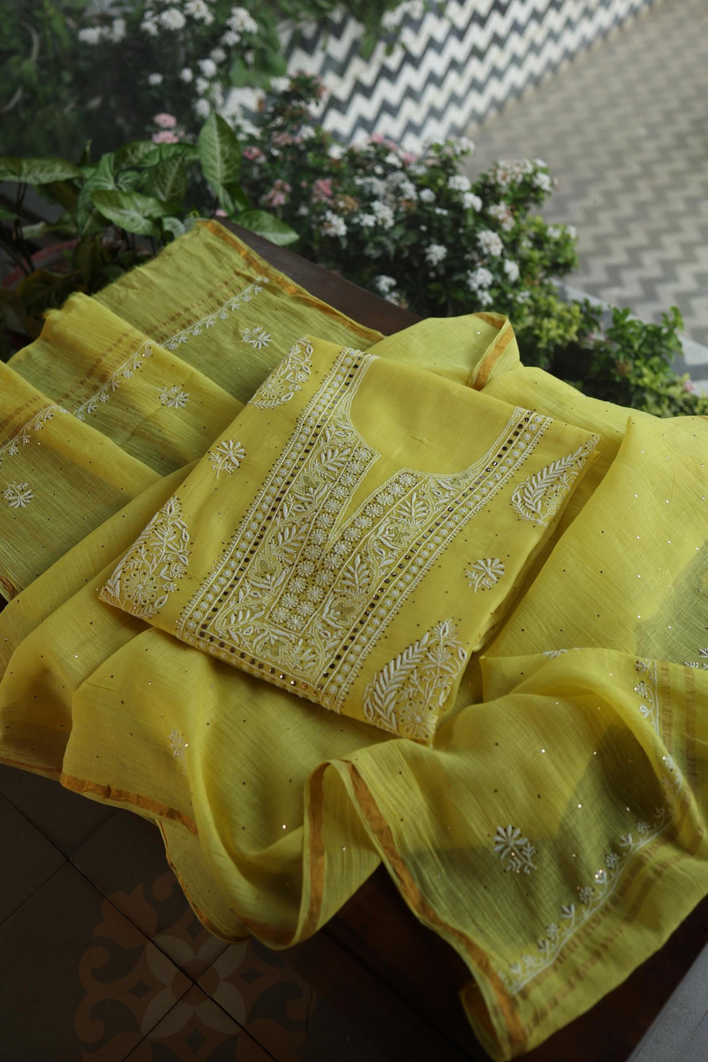 Yellow Shade Mal Cotton Fine Chikankari With Kamdani Work Unstitched Fabric