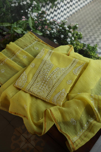 Yellow Shade Mal Cotton Fine Chikankari With Kamdani Work Unstitched Fabric