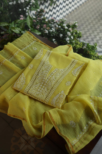Yellow Shade Mal Cotton Fine Chikankari With Kamdani Work Unstitched Fabric