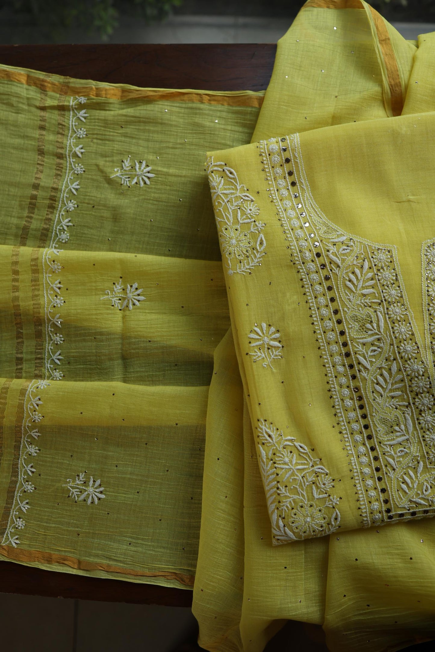 Yellow Shade Mal Cotton Fine Chikankari With Kamdani Work Unstitched Fabric