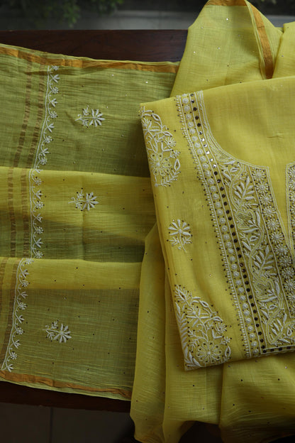 Yellow Shade Mal Cotton Fine Chikankari With Kamdani Work Unstitched Fabric