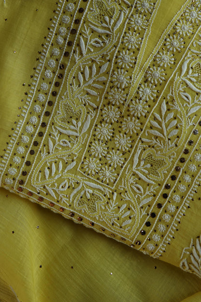 Yellow Shade Mal Cotton Fine Chikankari With Kamdani Work Unstitched Fabric