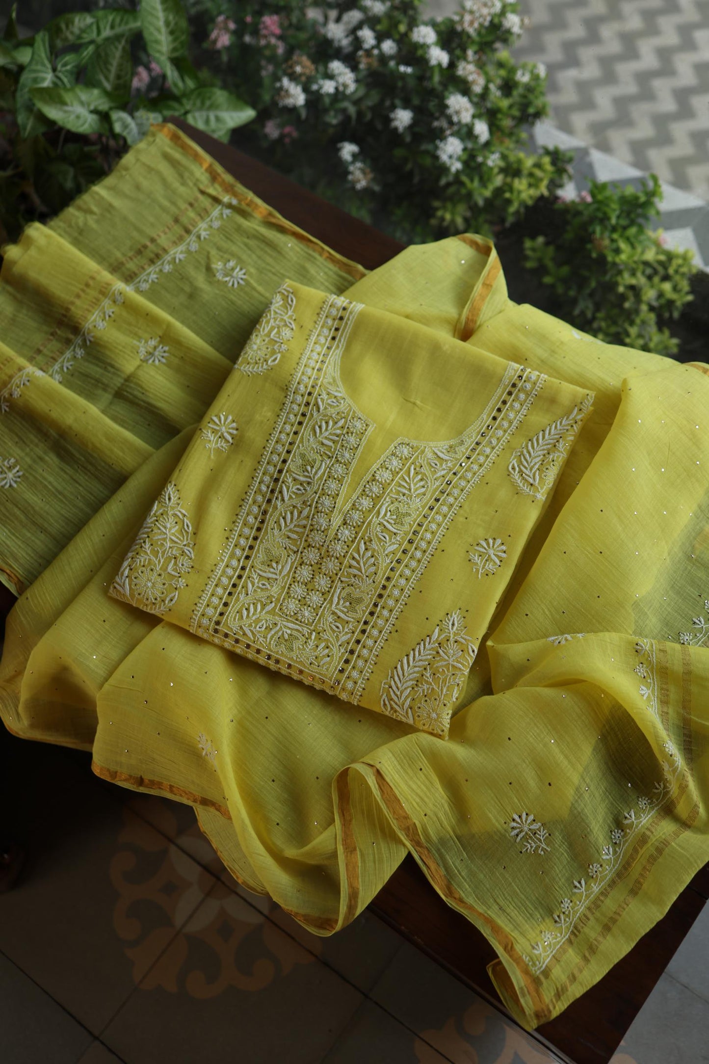 Yellow Shade Mal Cotton Fine Chikankari With Kamdani Work Unstitched Fabric