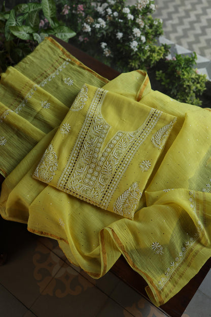 Yellow Shade Mal Cotton Fine Chikankari With Kamdani Work Unstitched Fabric