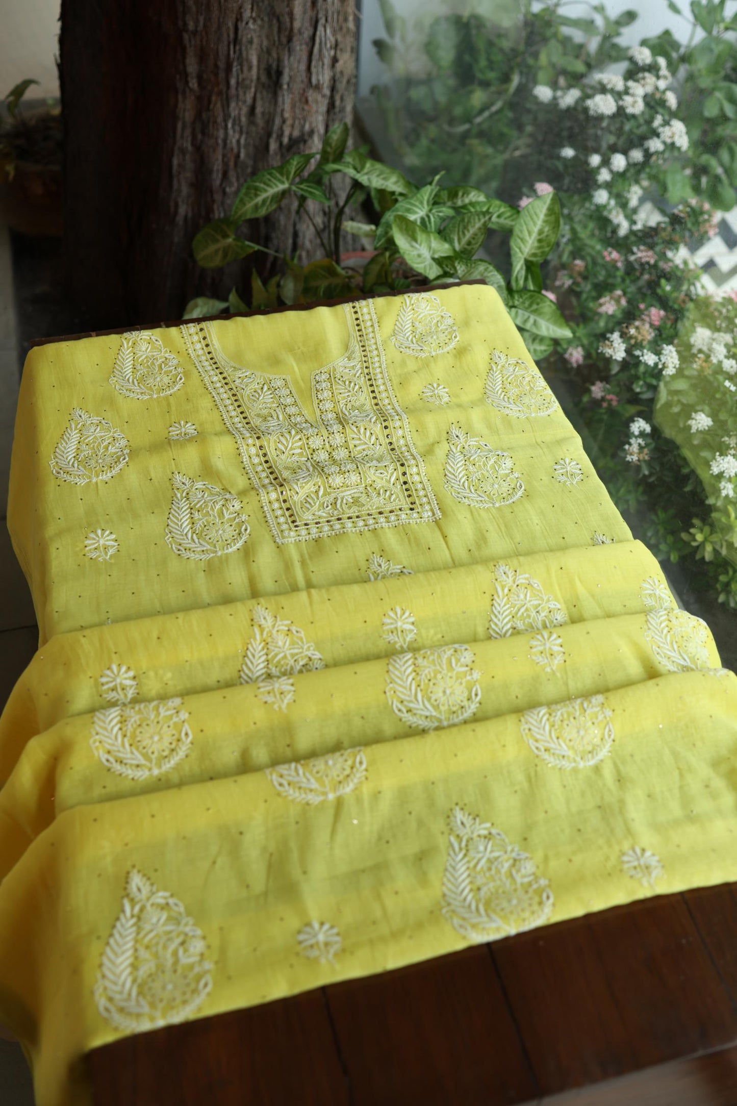 Yellow Shade Mal Cotton Fine Chikankari With Kamdani Work Unstitched Fabric