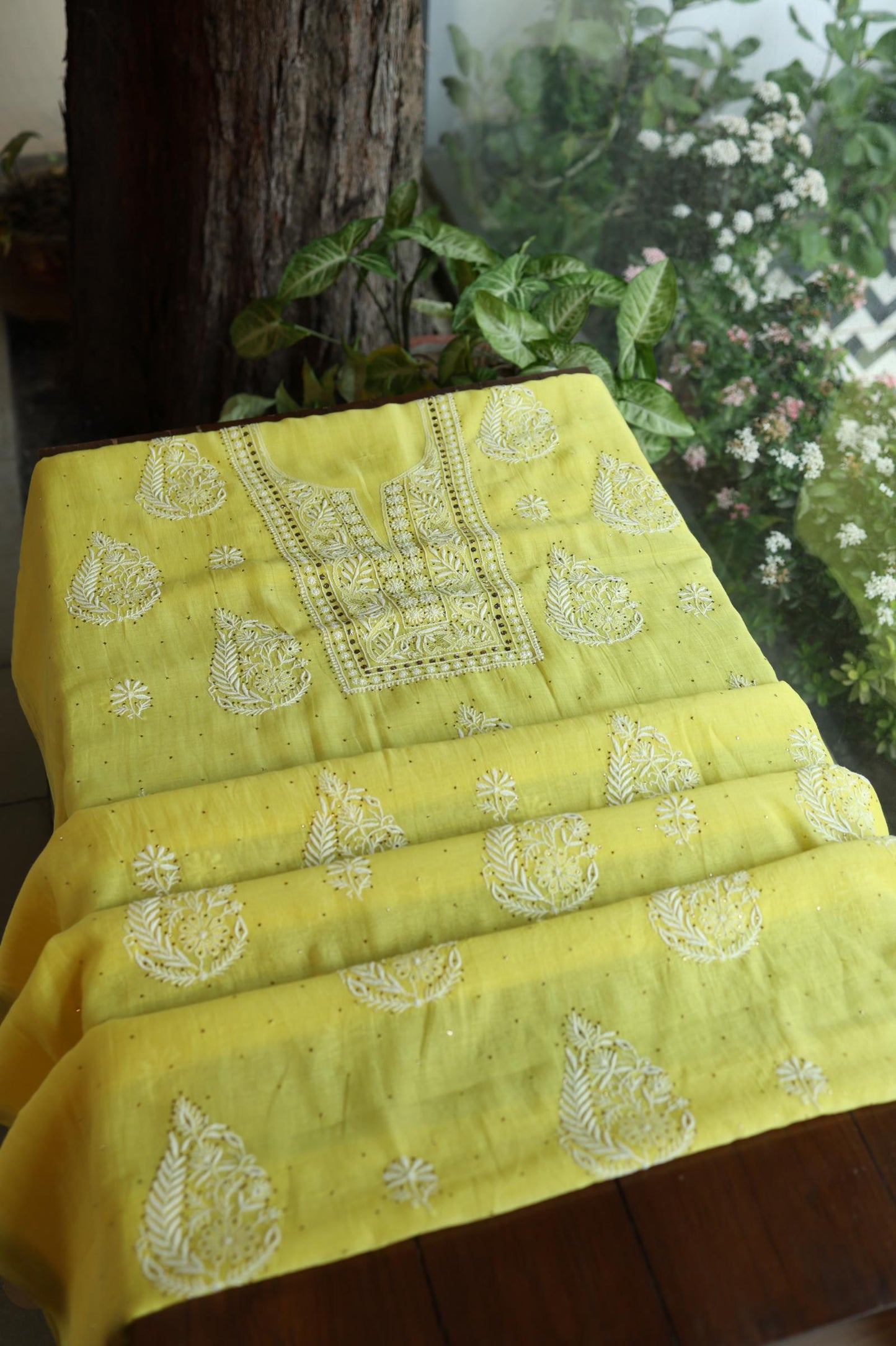 Yellow Shade Mal Cotton Fine Chikankari With Kamdani Work Unstitched Fabric