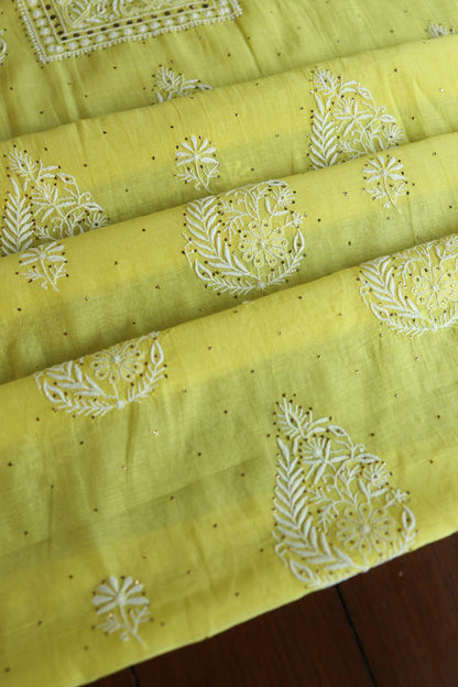 Yellow Shade Mal Cotton Fine Chikankari With Kamdani Work Unstitched Fabric