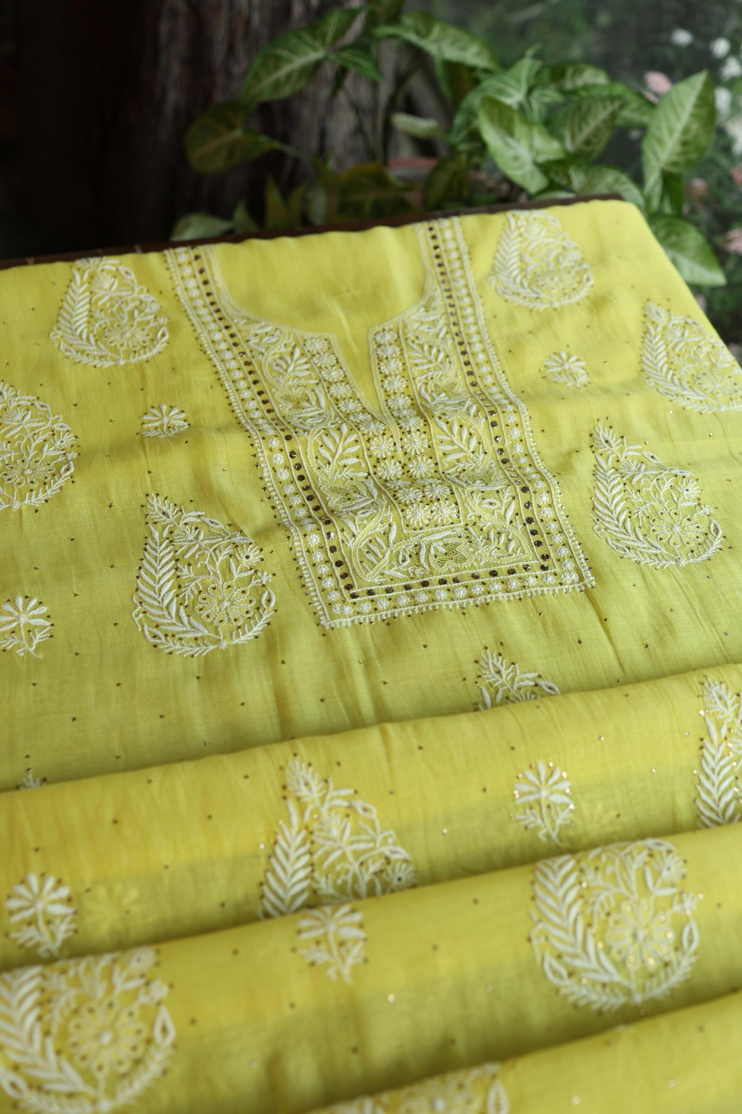Yellow Shade Mal Cotton Fine Chikankari With Kamdani Work Unstitched Fabric