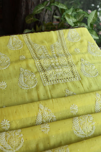 Yellow Shade Mal Cotton Fine Chikankari With Kamdani Work Unstitched Fabric