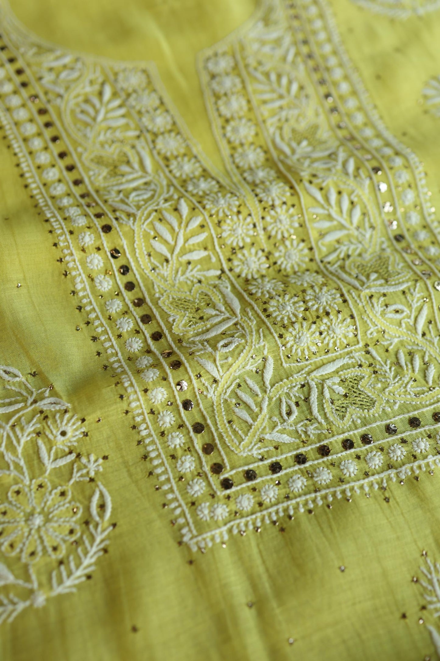 Yellow Shade Mal Cotton Fine Chikankari With Kamdani Work Unstitched Fabric