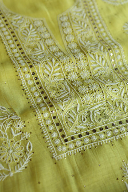 Yellow Shade Mal Cotton Fine Chikankari With Kamdani Work Unstitched Fabric