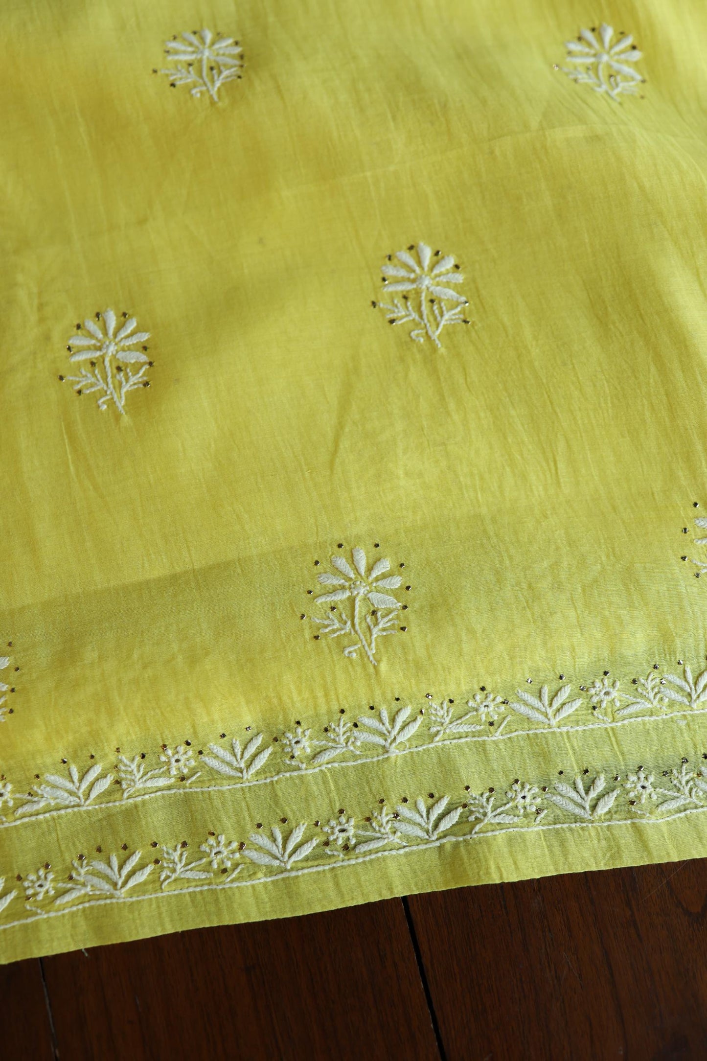 Yellow Shade Mal Cotton Fine Chikankari With Kamdani Work Unstitched Fabric