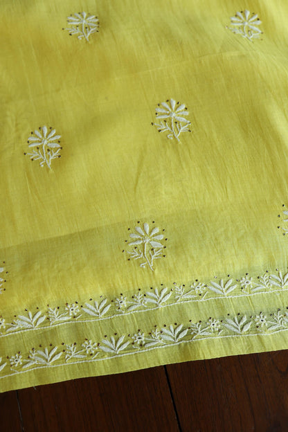 Yellow Shade Mal Cotton Fine Chikankari With Kamdani Work Unstitched Fabric