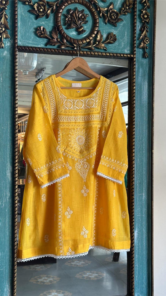 Yellow Shade Malmal Chikankari Kamdani Short Kurti
