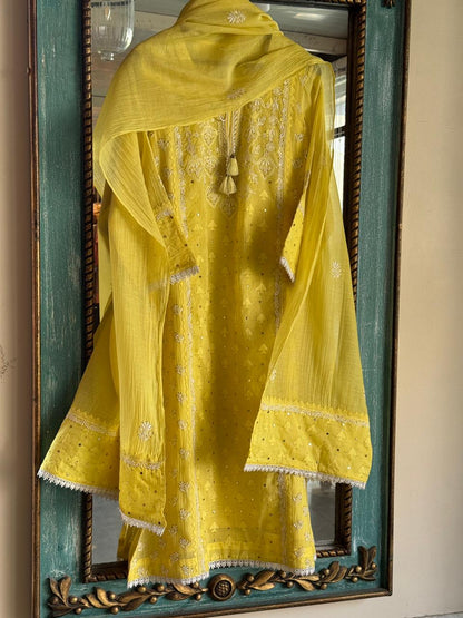 Yellow Shade Malmal Mukaish Kamdani Chikankari Kurta Dupatta Set