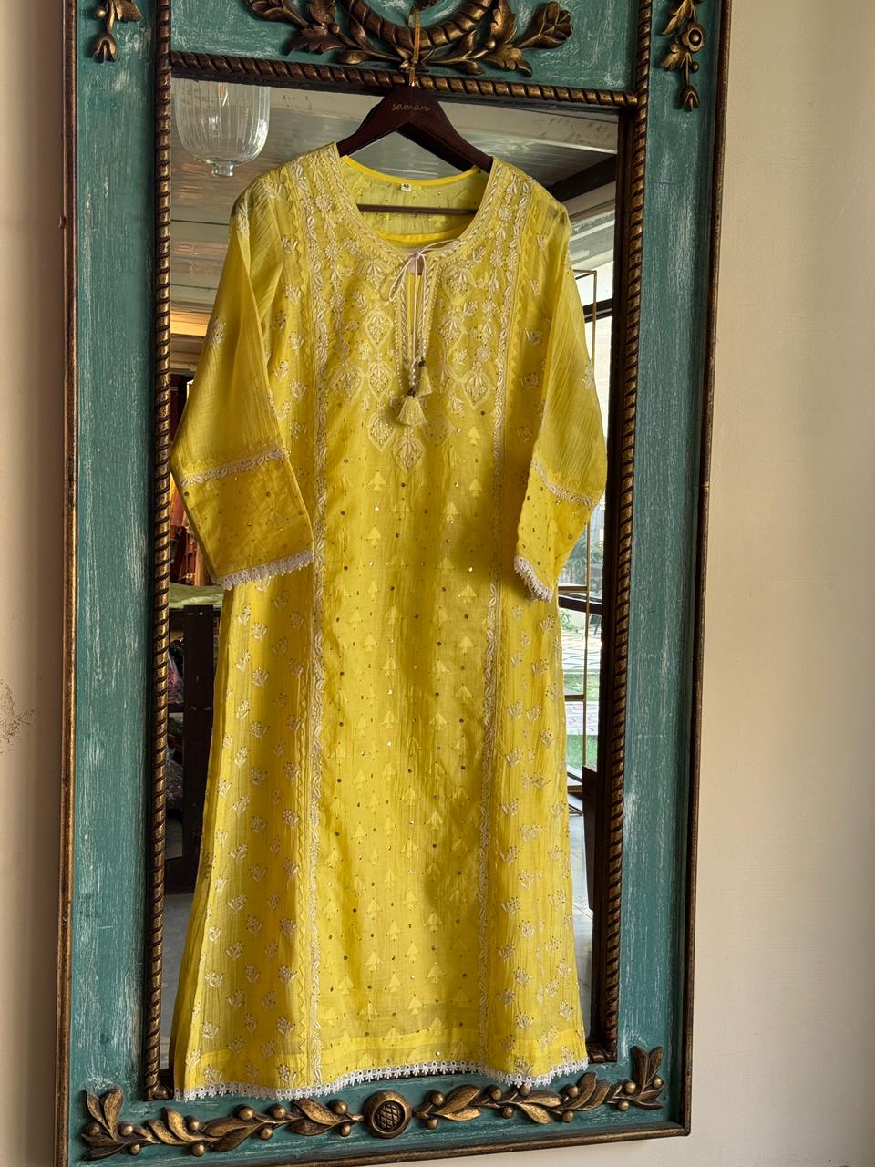 Yellow Shade Malmal Mukaish Kamdani Chikankari Kurta Dupatta Set