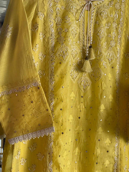 Yellow Shade Malmal Mukaish Kamdani Chikankari Kurta Dupatta Set