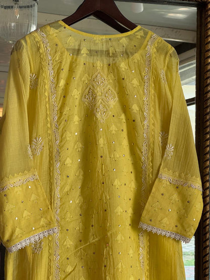 Yellow Shade Malmal Mukaish Kamdani Chikankari Kurta Dupatta Set