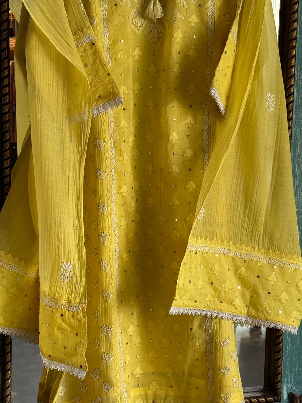Yellow Shade Malmal Mukaish Kamdani Chikankari Kurta Dupatta Set