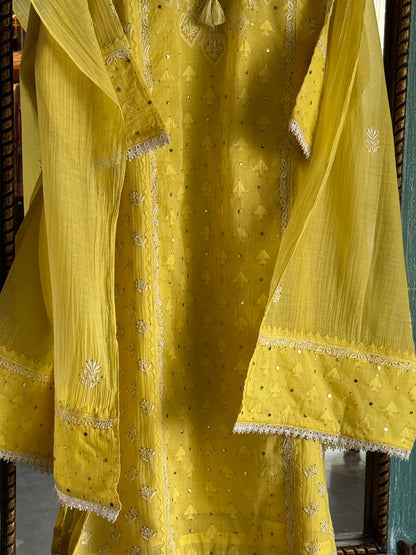 Yellow Shade Malmal Mukaish Kamdani Chikankari Kurta Dupatta Set