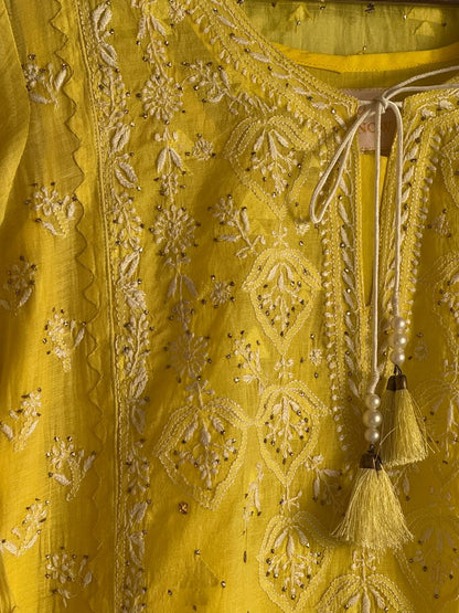 Yellow Shade Malmal Mukaish Kamdani Chikankari Kurta Dupatta Set