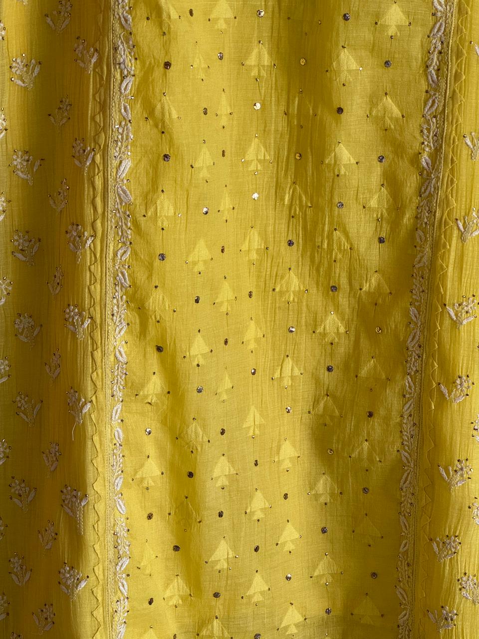 Yellow Shade Malmal Mukaish Kamdani Chikankari Kurta Dupatta Set