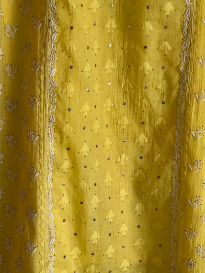 Yellow Shade Malmal Mukaish Kamdani Chikankari Kurta Dupatta Set