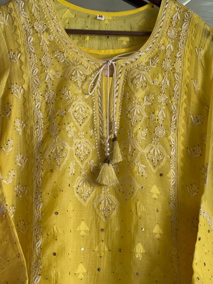 Yellow Shade Malmal Mukaish Kamdani Chikankari Kurta Dupatta Set
