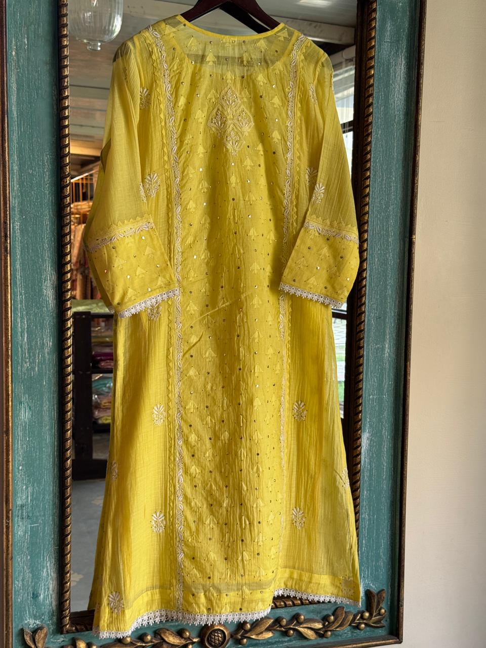 Yellow Shade Malmal Mukaish Kamdani Chikankari Kurta Dupatta Set