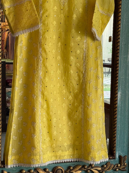 Yellow Shade Malmal Mukaish Kamdani Chikankari Kurta Dupatta Set